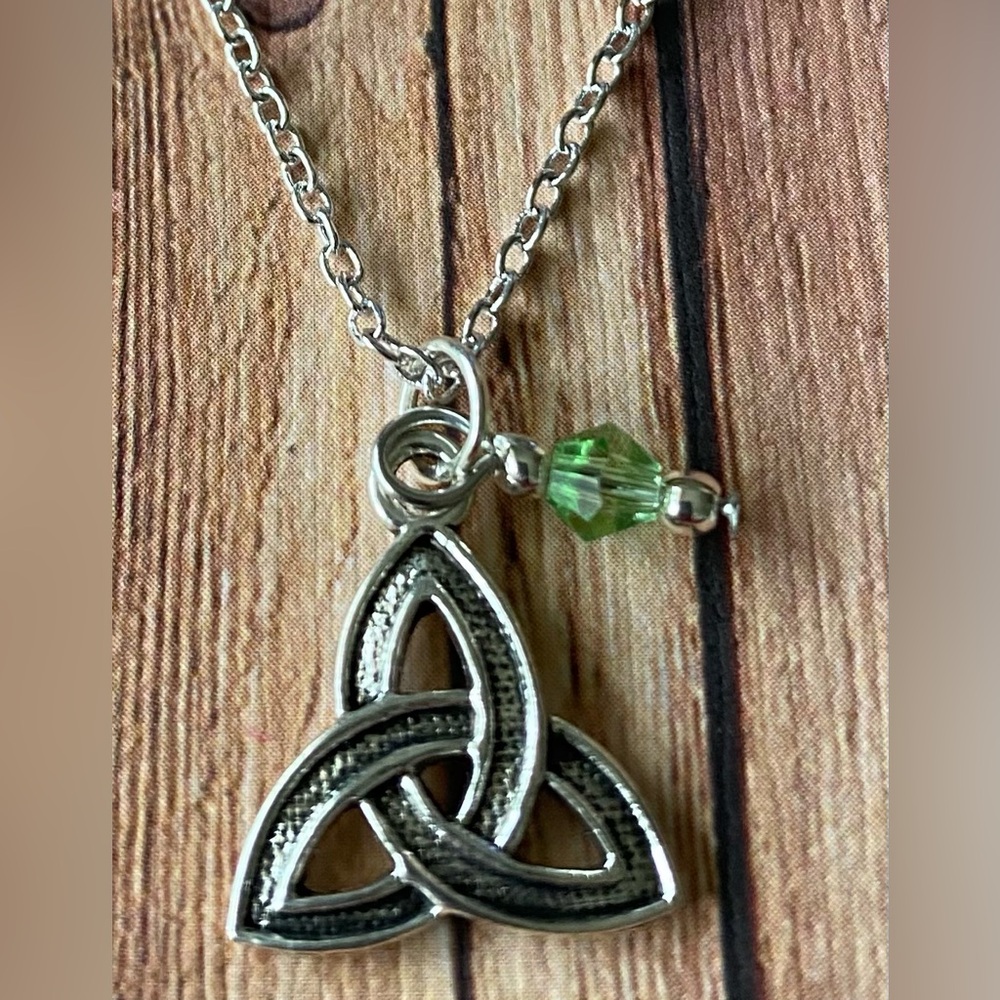 Celtic Knot with Light Green Crystal Bead Necklace